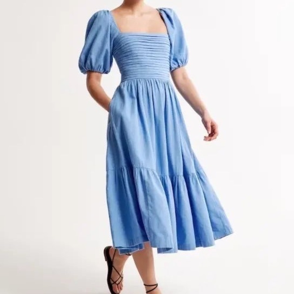Abercrombie & Fitch Emerson Puff Sleeve Midi Dress Blue Smocked - Medium